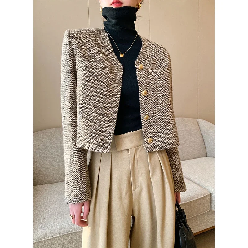 

Vintage Cropped Tweed Jacket Women Elegant Short Blazer Autumn Korean Single-Breasted All Match Casual Chic Outerwear Tops