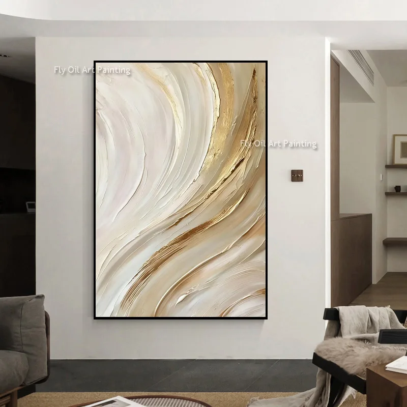 Elegant Gold Swirl Abstract Canvas, Original Hand‑Painted Impasto Oil Painting, Neutral Beige Luxury Modern Home Wall Decor
