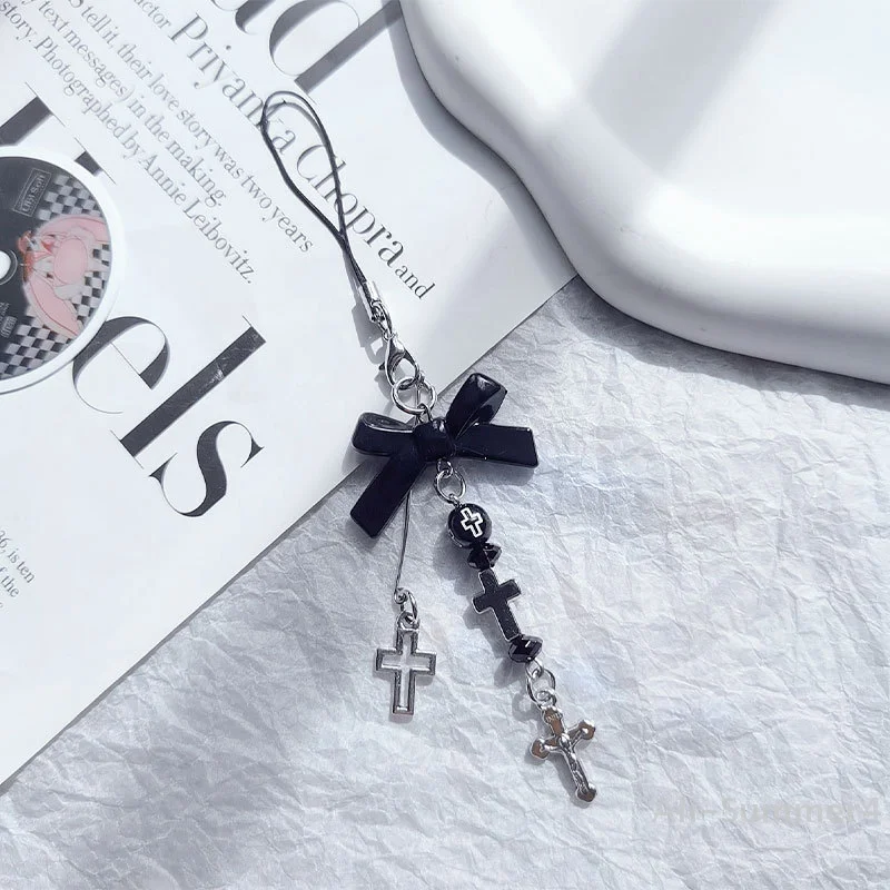

Готический ремешок для телефона Y2K, черный ремешок для телефона с бантом, подвесной держатель для мобильного телефона с крестом, подвесное украшение