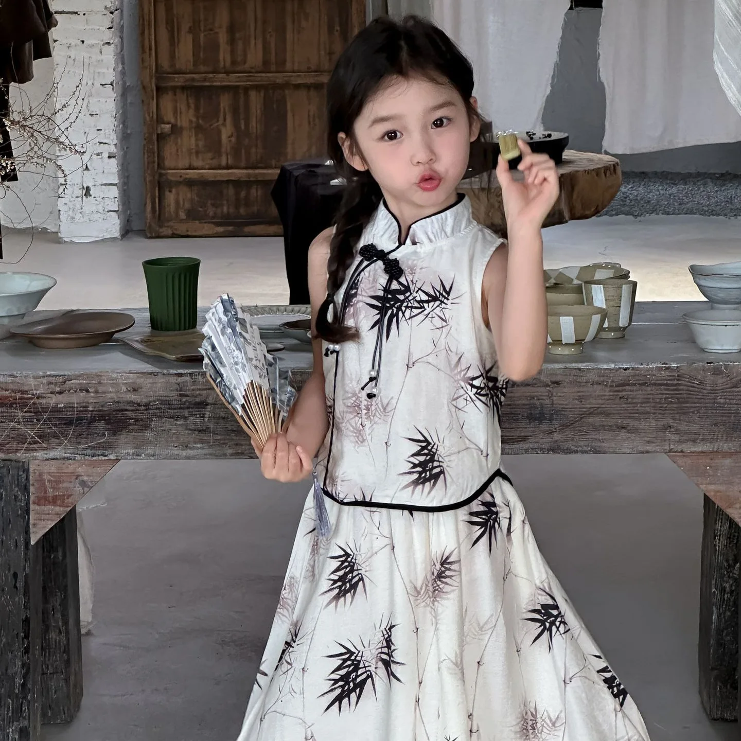 Girls Set Chinese Style 2024 Summer New Paint Tank Top Skirts Cheongsam Two Piece Set Baby Fashion Kids Summer Clothes