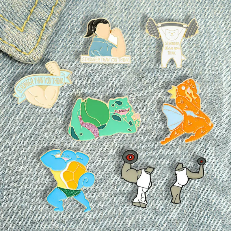 Pins Custom Fitness Sterke Spieren Broche Revers Badge Tas Cartoon Sieraden Cadeau Voor Kind Vriend Gezonde Levensstijl Email