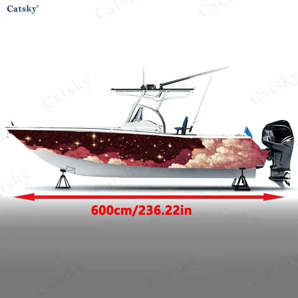 Stars Falling on Crimson Clouds Boat Stickers, PVC Waterproof Vinyl Wrap Decals for Fishing Boats, Durable and Stylish Design