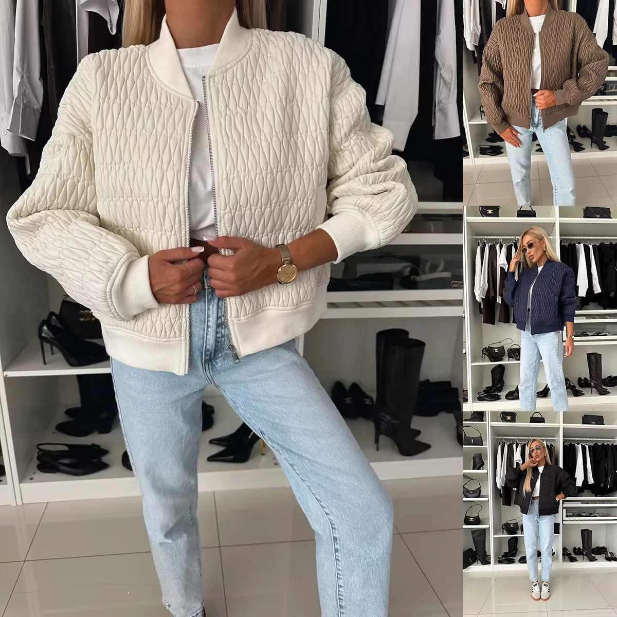 

2026 Amazon Aliexpress Autumn Winter New Solid Color Embroidered Short Zipper Jacket Cotton Coat Women's Clothing