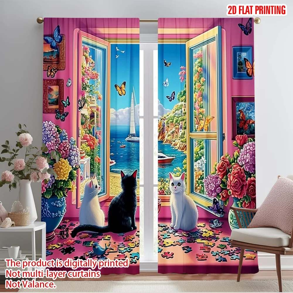 

2pcs 2D flat printing Drapes cute kitten Fabric Without Electricity Party Decorations for Photo Booths & Holiday Celebrations