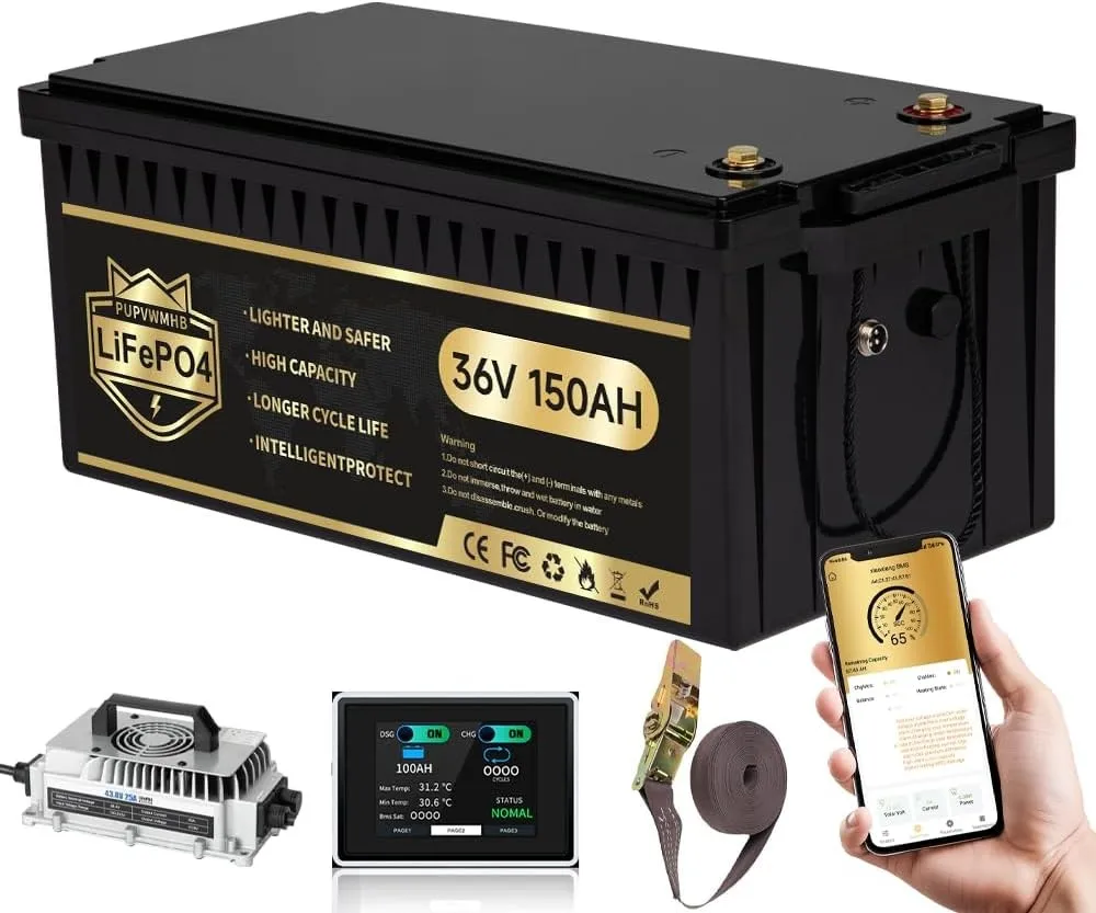 36V 150Ah Lithium Golf Cart Battery Built-in 200A BMS，Peak Current 600A .7.68kW Power Output with 25A Charger for Golf Carts ﻿