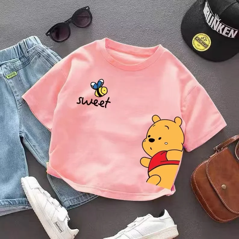 Summer Children Short Sleeve T-Shirts Fashion Kids Cartoon Winnie the Pooh Print Baby Boys Girls Clothes Toddler Cotton Tee Tops