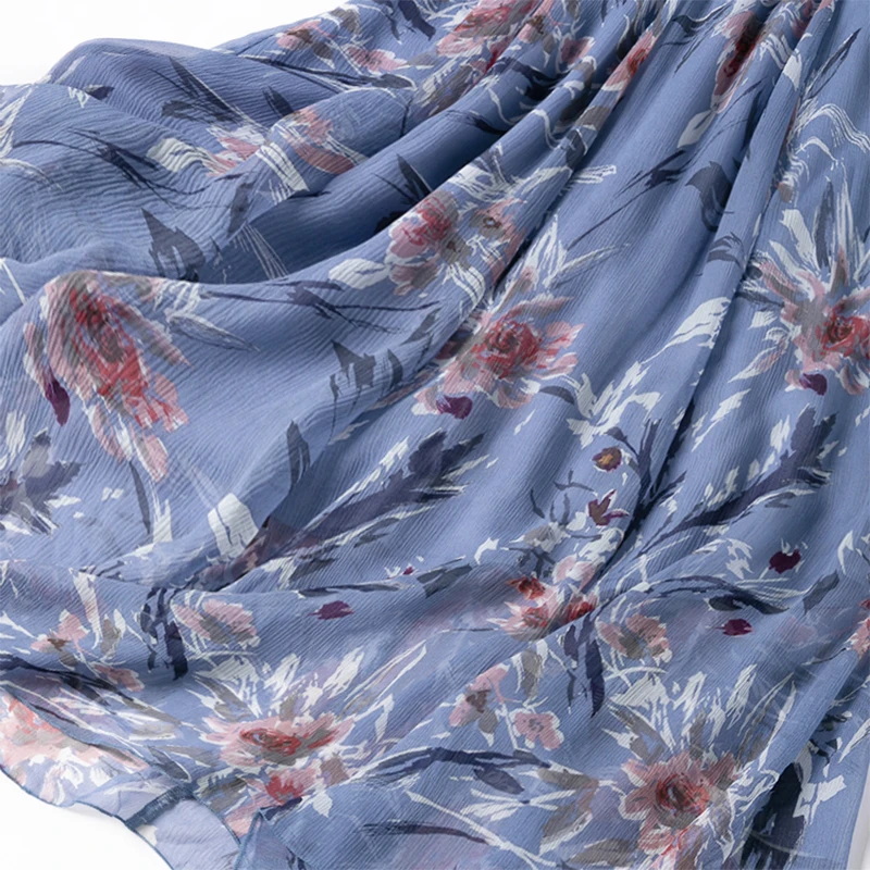 Women Silk Skirt 100% Mulberry Silk Blue Floral Printed Long Type Skirt With Silk Lining Summer Beach Big Hem Office Lady M1449