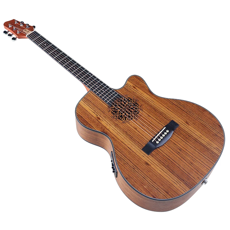 40 Inch Electric Acoustic Guitar Hickory Wood Body Flower Pattern Unique Sound Hole Folk Guitar Matte 6 Strings Wood Guitar