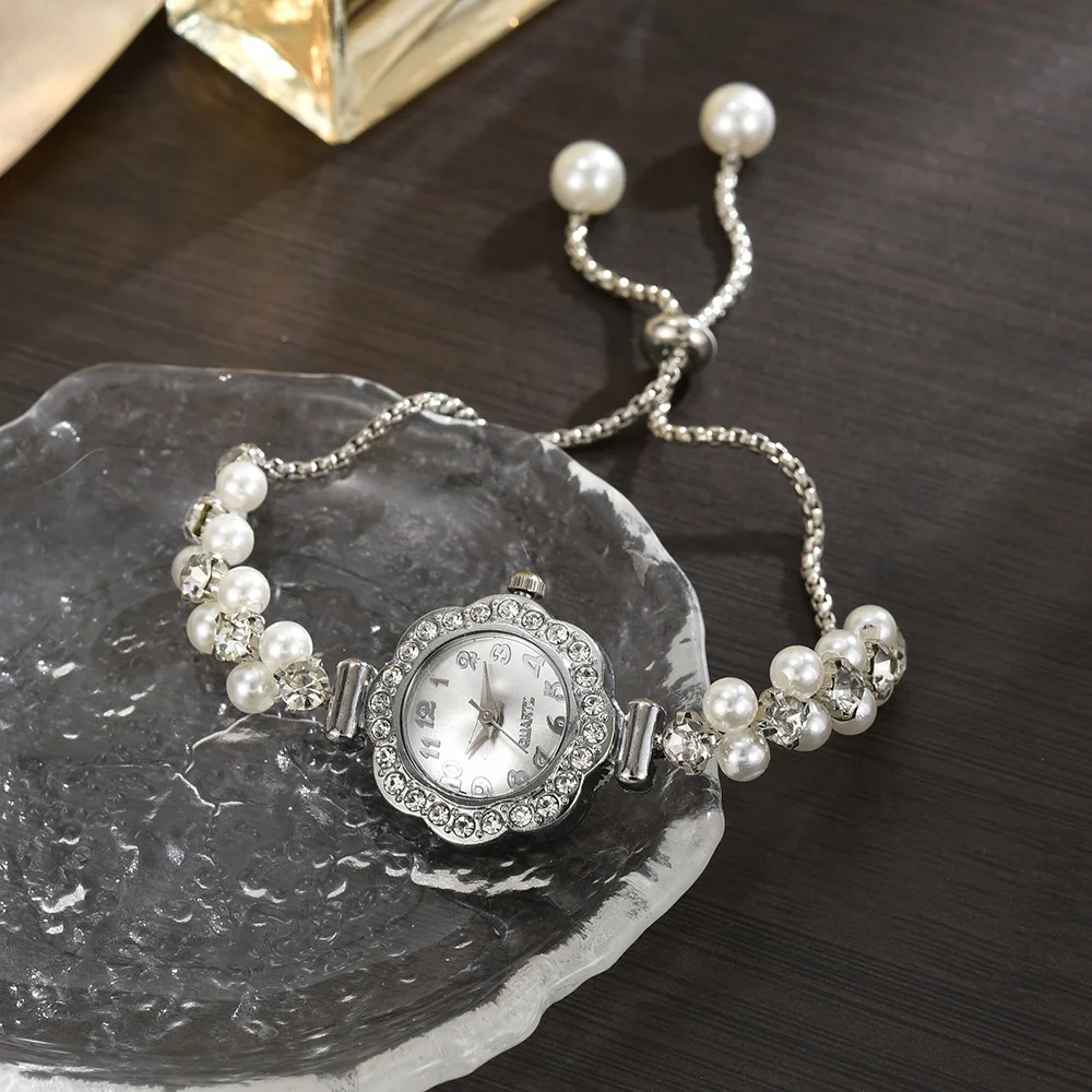 Free pull-out women's bracelet watch, fashionable color pearl studded diamond temperament quartz women's watch image 3