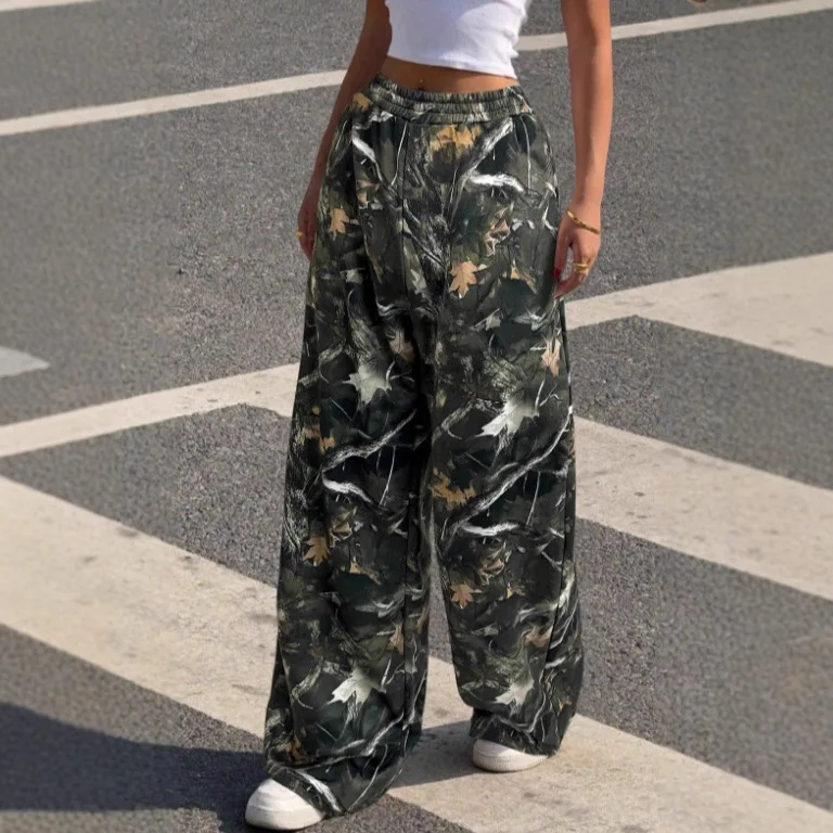 Women Elastic Waist Wide Leg Pants Tree Camo Print Baggy Sweatpants Y2K Streetwear Casual Long Trousers