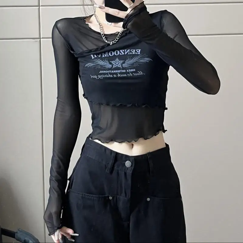 

American Vintage Cover Up Shirt Long Sleeved T-shirt Women Autumn Sexy Irregular Slim Fit Blouse Outwear Clothing Trendy 2024