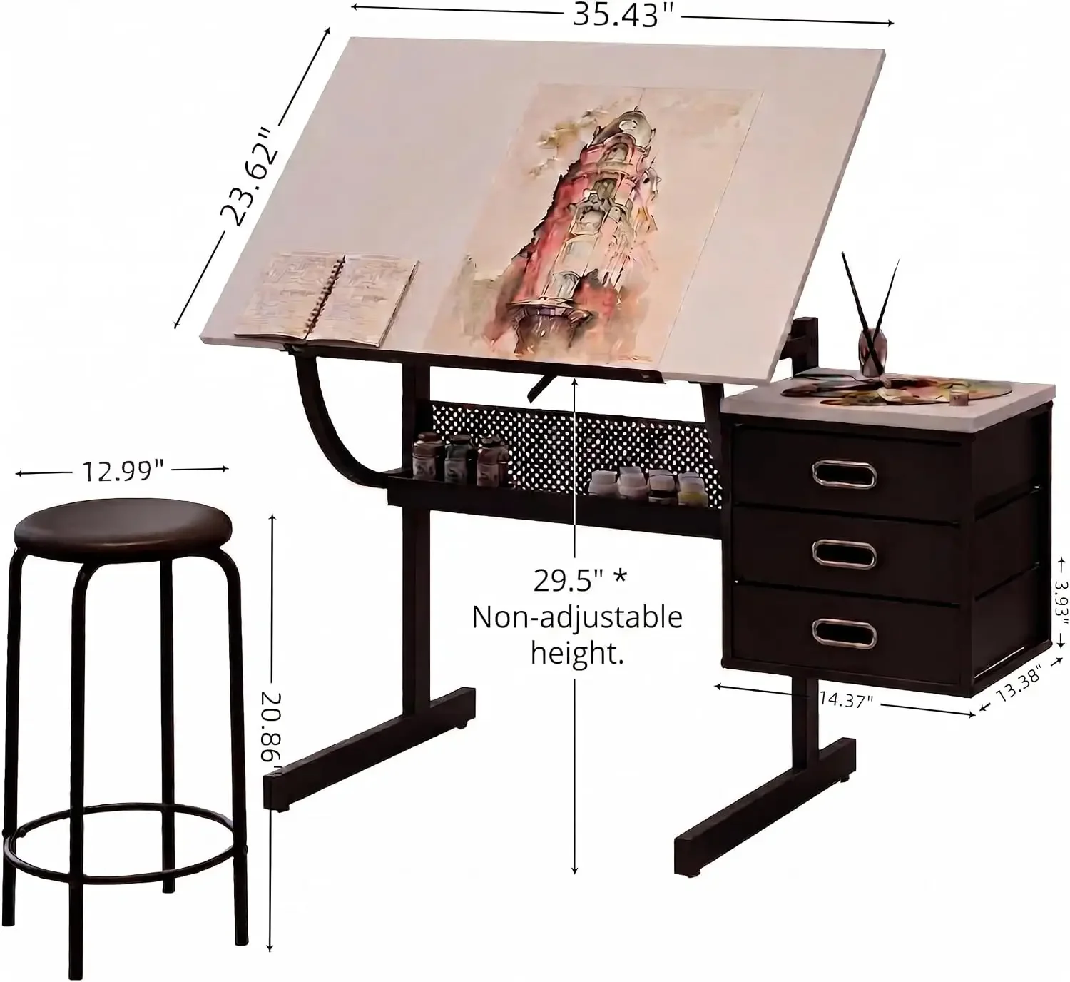 White Adjustable Drafting Table With Stool & 3 Drawers, Tilting Art Desk For Drawing & Crafting, Multi-Functional Study