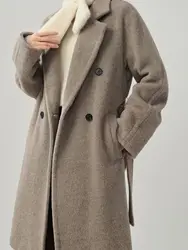 Winter Alpaca Wool Coat Women's Double Breasted Medium Long Loose Gray Wool Coat Female Autumn Thick Warm Casual (With Lining)