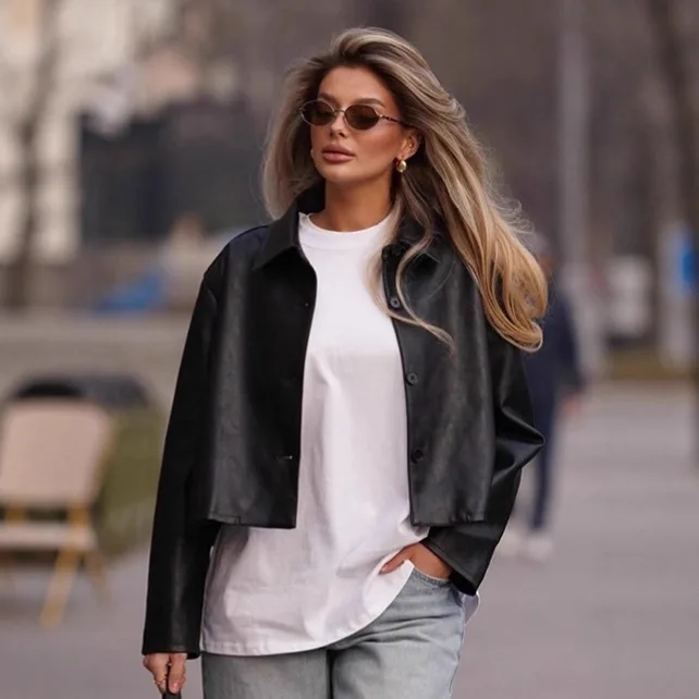 

Black Autumn Women's Leather Jacket Round Neck Single Breasted Long Sleeve Outwear For Lady Versatile Motorcycle Female's Coat