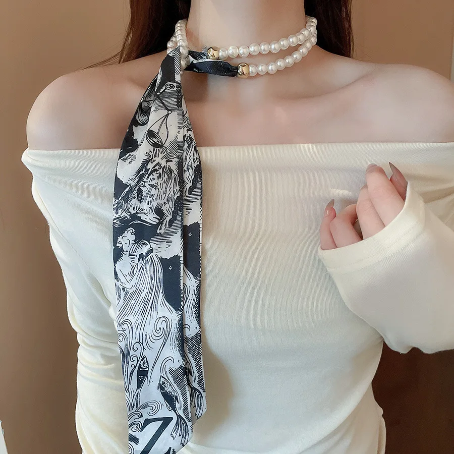 Multi-layer Imitation Pearl Chokers Necklaces French Elegant Long Thin Print Ribbon Tassel Cloth Neck Chain Rerto Party Scarf K