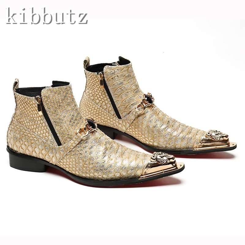 Snake Print Genuine Leather Men's Boots Luxury Brand Gold Chain Pointed Toe Flat Ankle Boots Male Party Business Shoes