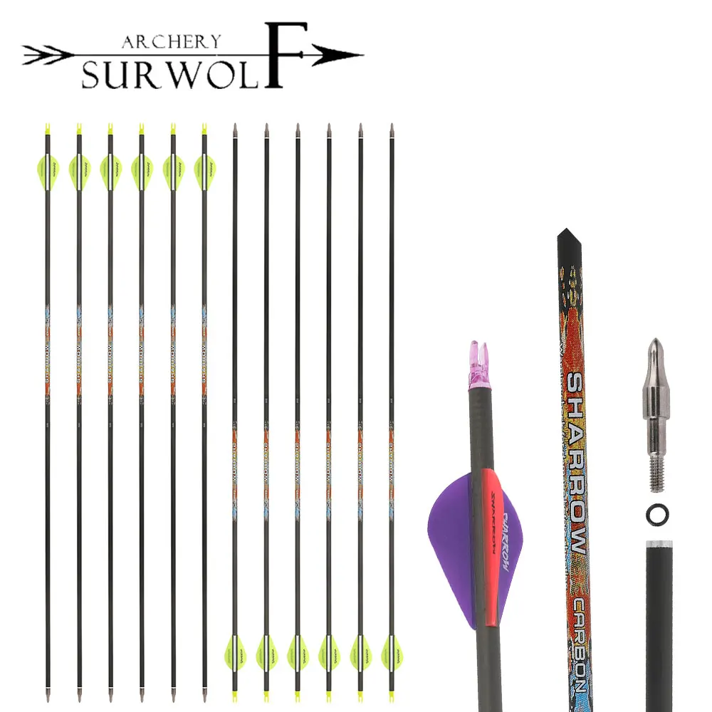 

6pcs Archery Arrow Pure Carbon Arrow Spine250-600 31inch Arrow Shaft Multi-color Feather Archery Hunting Shooting Bow Accessory