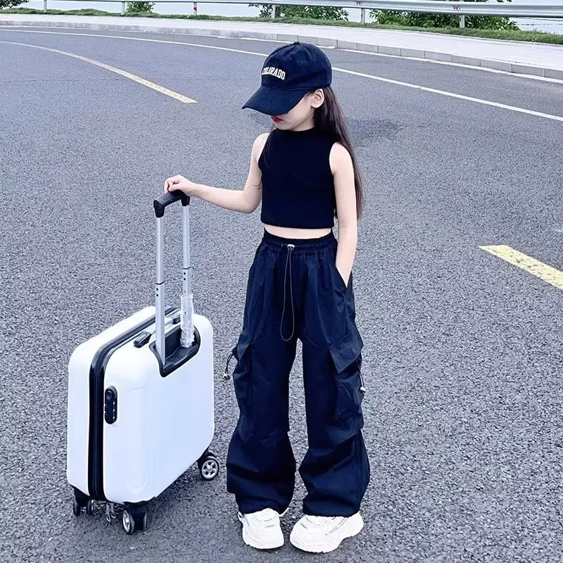 Girls Casual Cargo Pants Kids Solid Colour Sweatpants Children Vintage Streetwear Hip Hop Pants New Elastic Waist Baggy Trousers