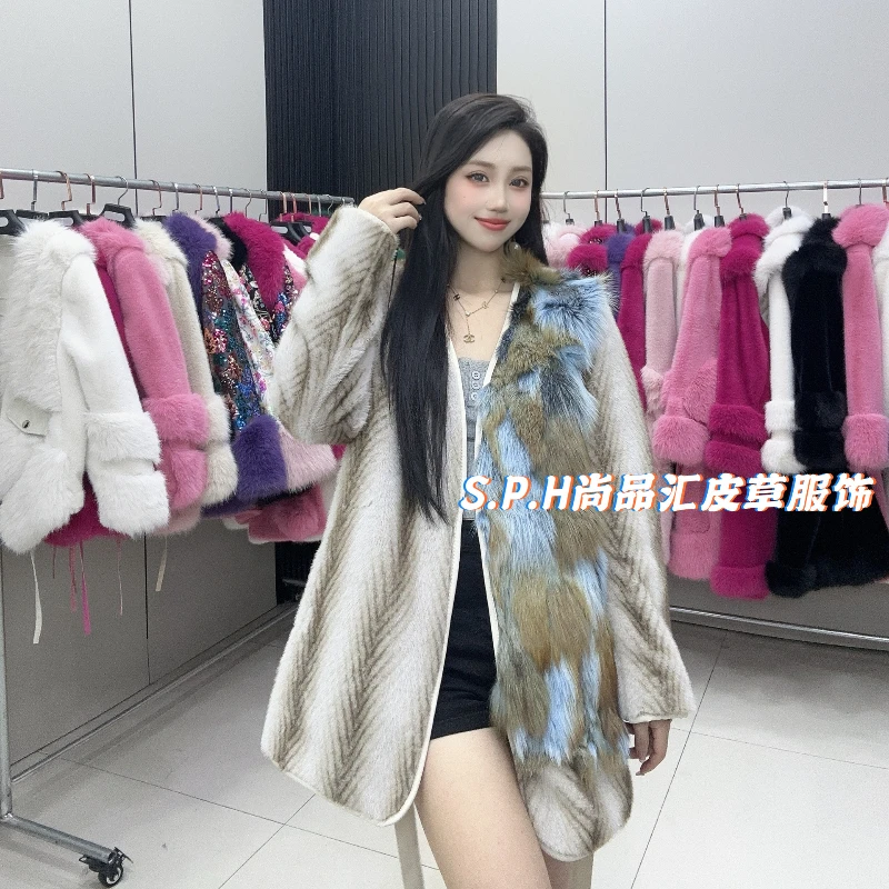 2024 New Whole Fur Fox Fur Collar Splicing European Mink Belt Coat V Neck Long Sleeve Winter Coat Women\'s Noble Faux Fur Coat