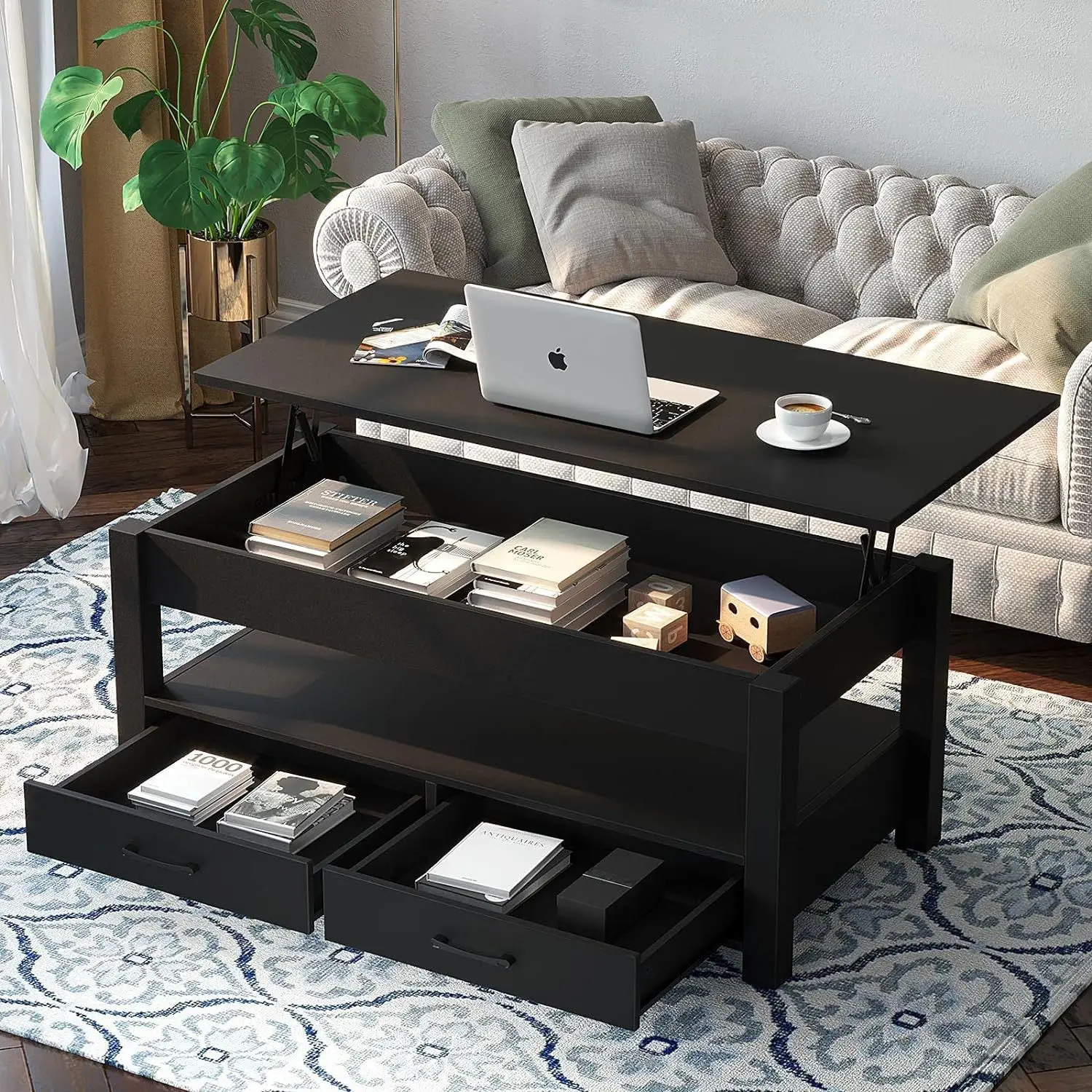 

！@Nordic Solid Wood Table Foldable Computer Desk 2-story with Drawers Living Room Study Coffee Table Retro Adjustable Table