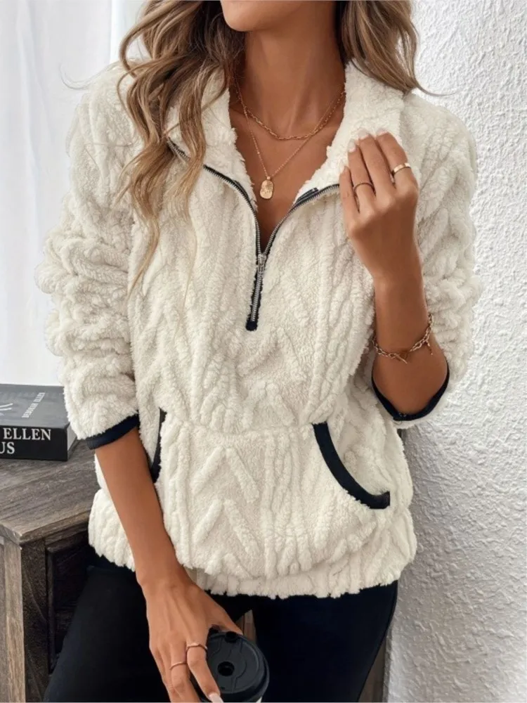 Casual Solid Color Half-open Collar Pullover Tops For Female Fashion Long Sleeves Pocket Sweatshirt Autumn Winter Ladies Hoodie