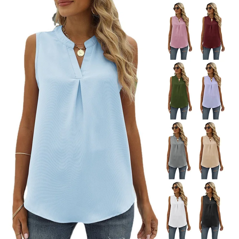 

New European and American Women's Clothing Popular Spring and Summer New Solid Color Chiffon Shirt LooseVSleeveless Pullover Ves