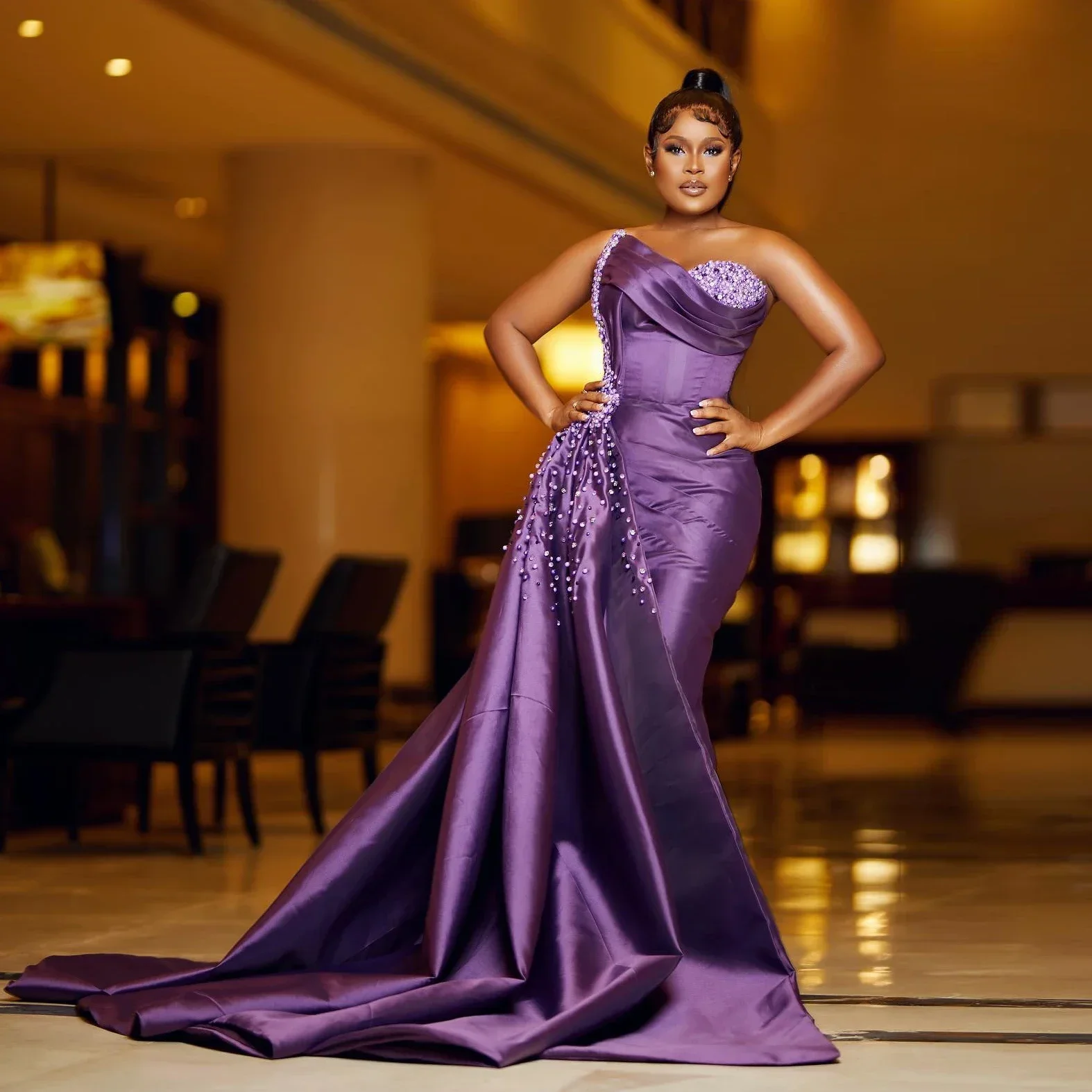 

Customized New Luxurious Sparkling Mermaid 3D Diamond Purple Party Evening Dress Sexy Sweetheart Bareback Black Girl Ball Dress