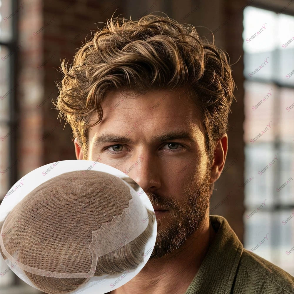 

Натуральный мужской парик-система для замещения волос Real Swiss Lace Natural Wave Human Hair Q6 Lace&PU с вентилируемой основой 18 # 7 # Коричневые светлые волосы