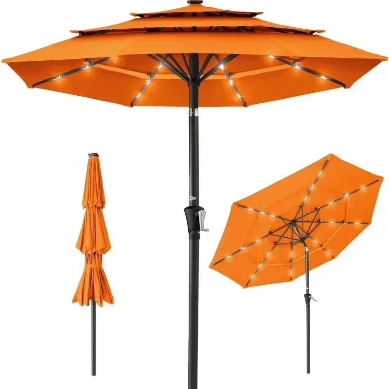 Parapluie solaire à 3 niveaux de 10 pieds, pare-soleil de marché extérieur pour arrière-cour, terrasse, bord de la piscine avec 24 lumières LED