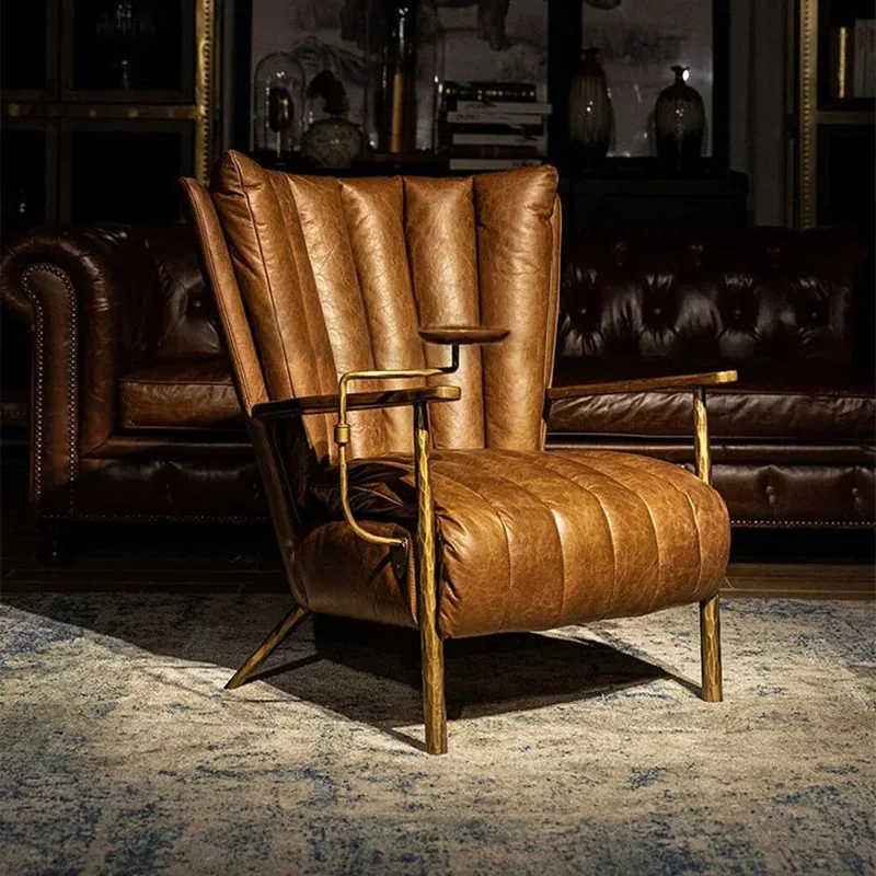 Medieval single sofa chair retro oil wax casual leather concubine cigar chair wrought iron American godfather tiger chair