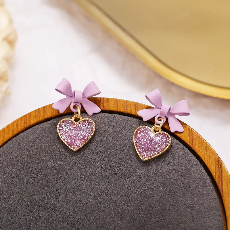 Elegant Purple Crystal Heart Dangle Earrings 2024 Fashion Korean Lovely Bow Drop Earrings Romantic Girls Women Party Jewelry