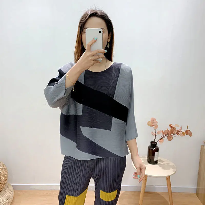 Fashion Print T shirt Top Three quarter Sleeves Loose O Neck Slim T Shrt Women Pleated Fashion 2023 Casual T Shirt Female Tops