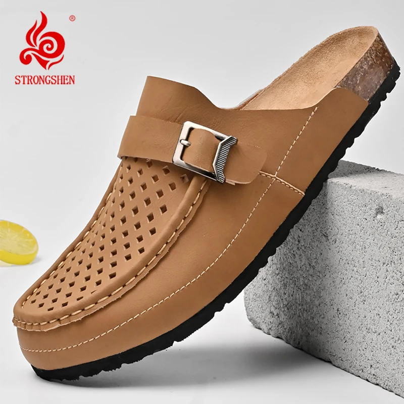 STRONGSHEN Men Half Slippers Summer Casual Fashion Mens Genuine Leather Sandals Breathable Slip on Soft Sole Shoes Moccasins