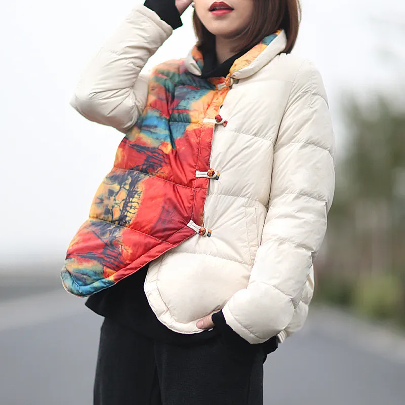 2022 Autumn Winter Retro Chinese Style Disc Buckle Print Down Jacket Women Light White Duck Down Coat Ladies Short Warm Parkas