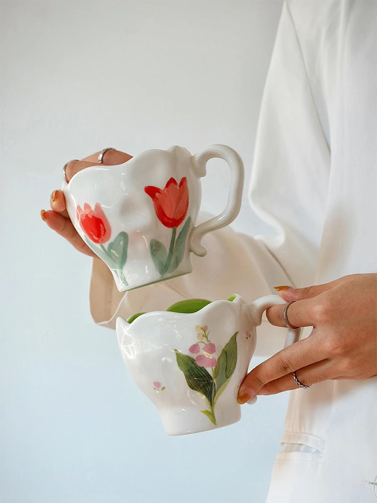 

Niche Retro Ins Style Hand-painted Lily of The Valley Tulip Flower Cup Water Mug Mug Coffee Mug