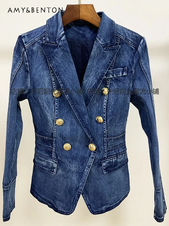 European Goods Vintage Double Breasted Wash Denim Jacket Women Winter New Fashion OL Tailored Collar Casual Slim Fit Jackets