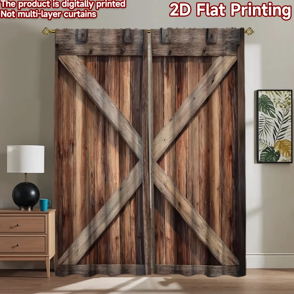 2D flat 2pcs Curtain Country Style Rustic Wooden Barn Doors Digitally printed polyester Festive Curtains for Door Wall Yard All