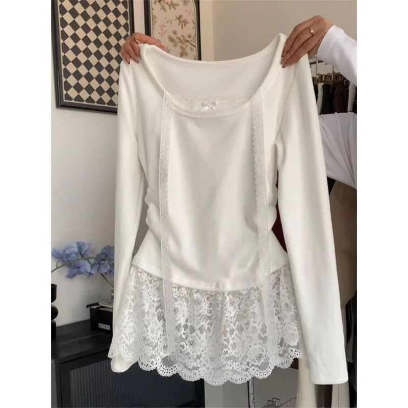 

Korean Style White Lace Inner Bottoming Shirt for Women Autumn Winter New Long-sleeved T-shirt Top
