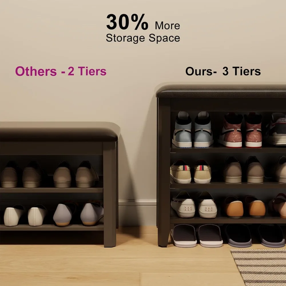 مقعد أحذية مع وسادة جلدية، مقعد تخزين أحذية من 3 طبقات قابل للتعديل، مقعد مدخل من خشب الجوز للممر وغرفة الطين