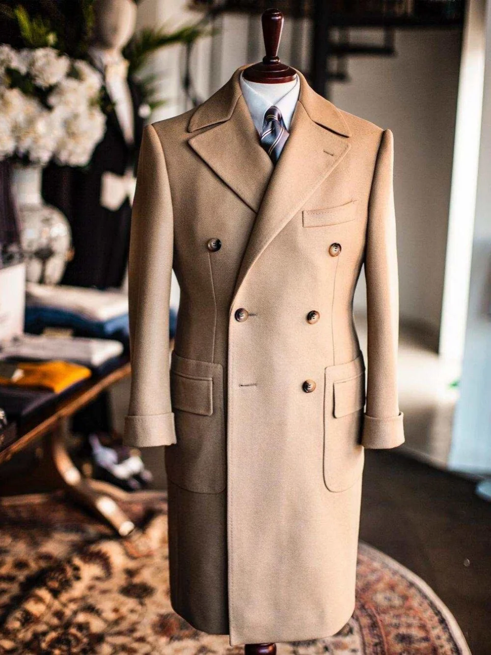 Formal Men Long Coat  Wool Blends Double Breasted Trench Coats Classic One Piece Set Warm Business Blazers Customized