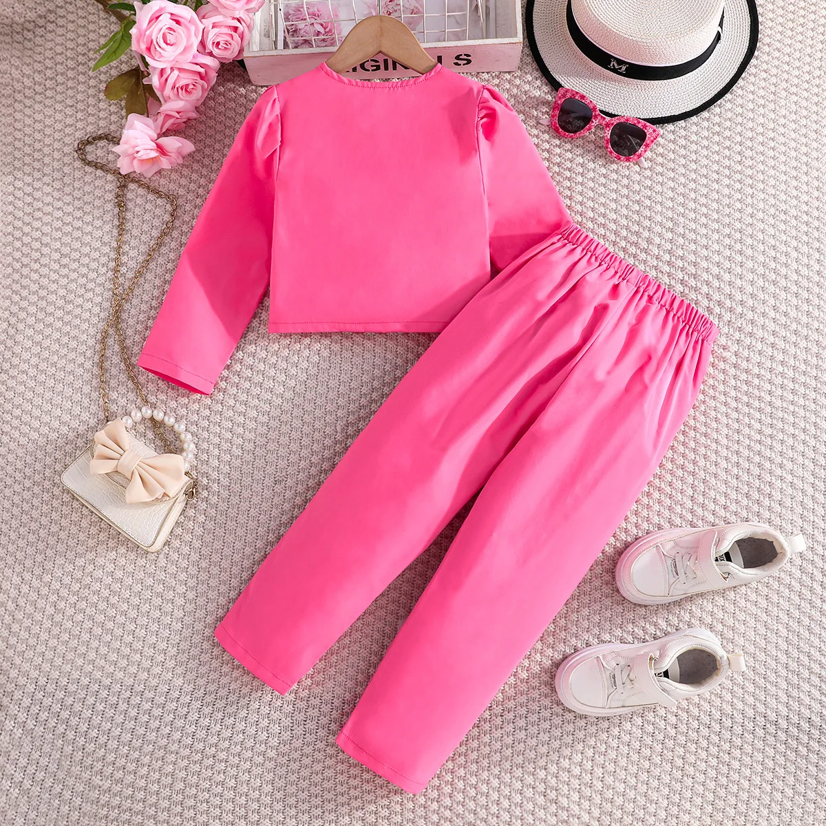 2024 New Clothing Set Girls Long Sleeve V Neck Ruffles Coat Rose Red Trousers 2 Pcs Sets Casual Girls Clothes Set 4-7T