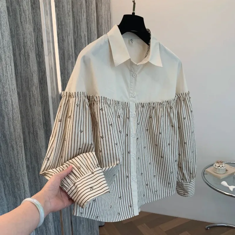 

Женская блузка в полоску с бантом и принтом, свободного кроя, с рюшами и пышными рукавами, с отложным воротником, повседневная рубашка