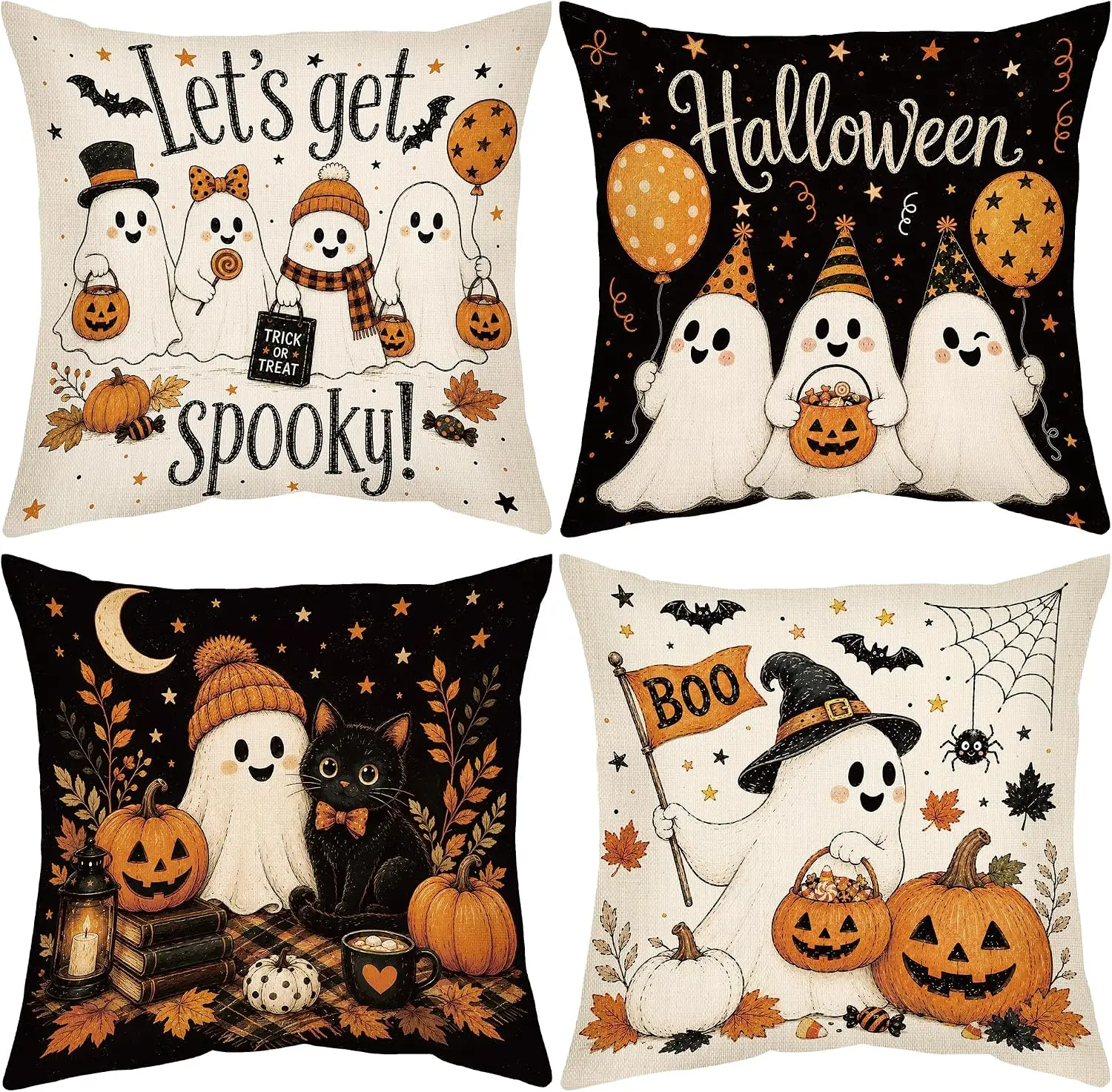 Halloween Pillow Covers 18x18, 4 Pcs Spooky Ghost Decorative Cushion