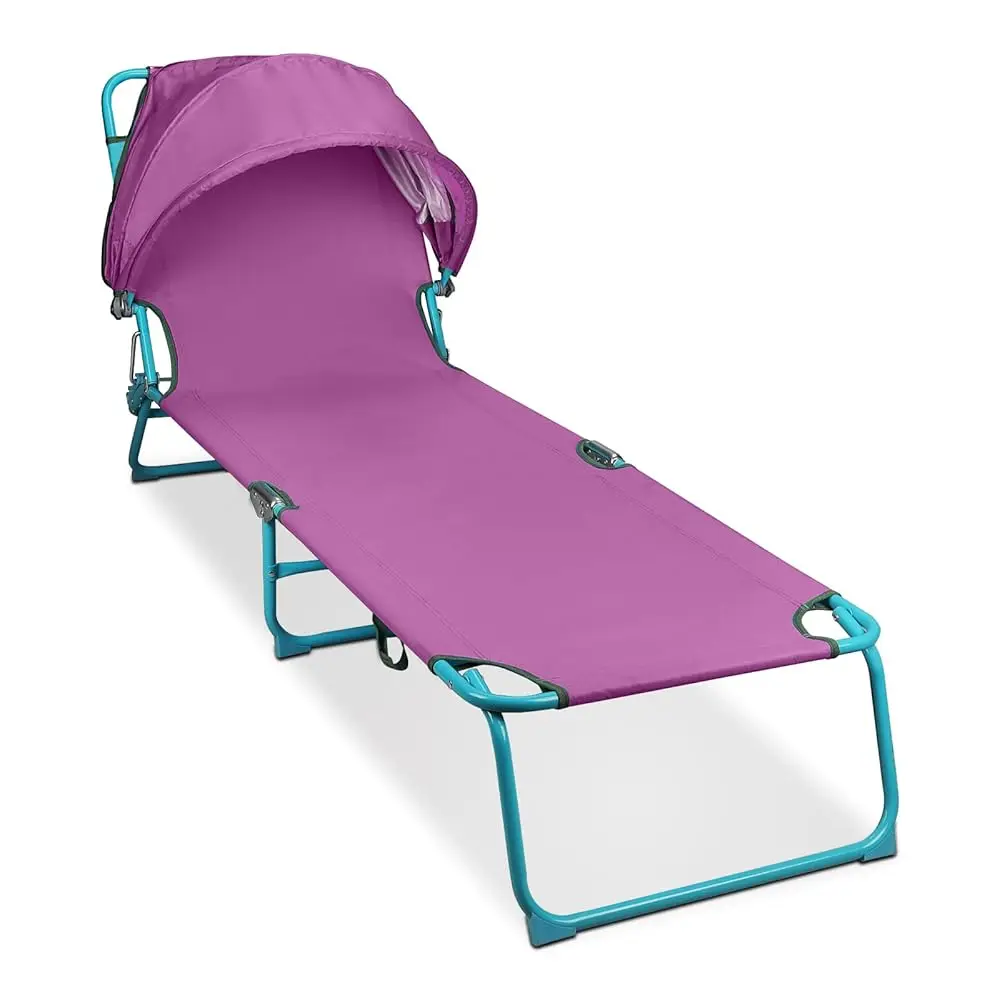 Folding Chaise Lounge Chairs With Canopy Sunshade,Adjustable Sun Tanning Chair,Outdoor Heavy-Duty Beach Sunbathing Chair With