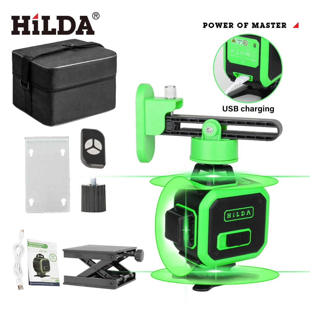 HILDA 16 Linee 4D Mini Livello Laser Linea Verde Autolivellante 360 °   Livella laser verde orizzontale e verticale con USB di tipo C