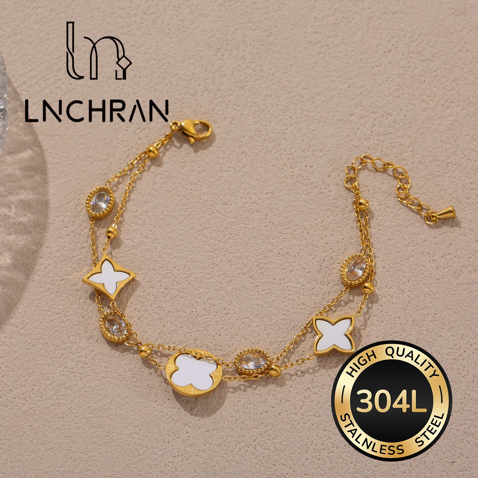 

Golden Double-Layer Bracelet with Synthetic Zircon & White Clover Charms for Women Elegant Jewelry Gift