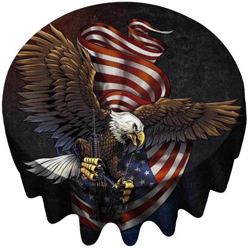 American Flag Eagle With Two Guns Soar In The Sky Round Tablecloth By Ho Me Lili For Tabletop Decor