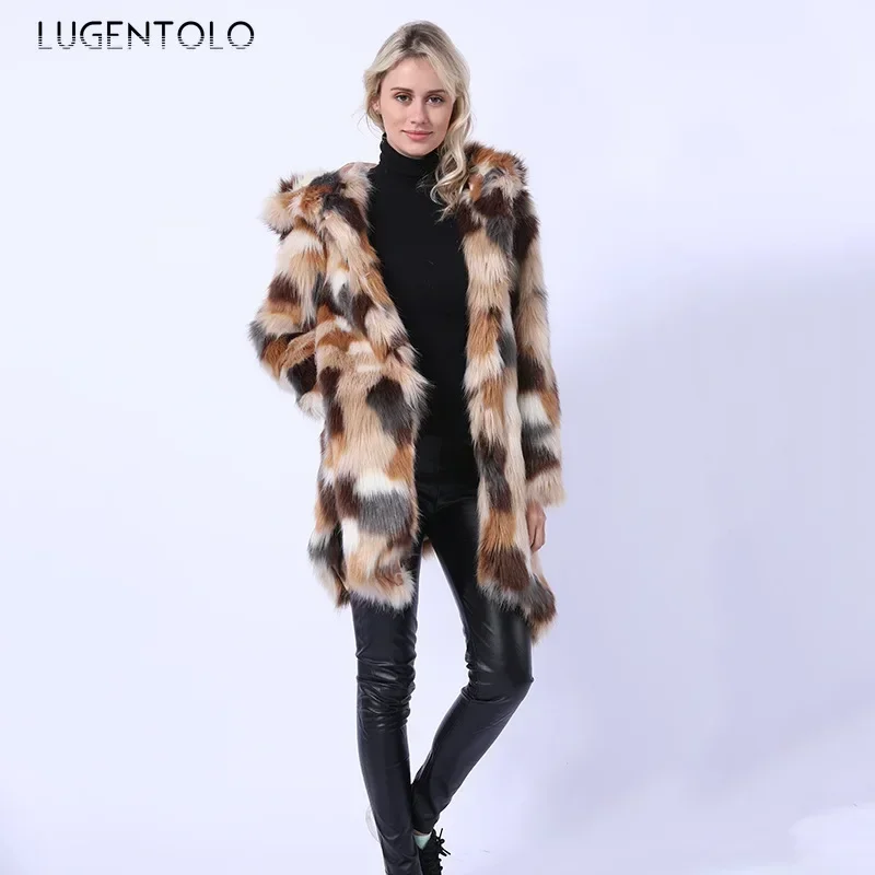 Women Faux Fur New Hooded Autumn Winter Faux Fox Fur Coat Fashion Large Size Lady 2023 Camouflage Cardigan Jacket