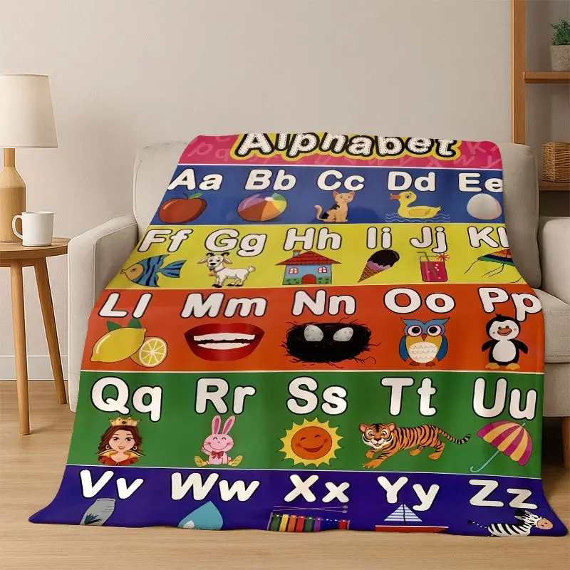 Alphabet ABC Early Education Cartoon Flannel Blanket Soft Warm Blanket Throw Blanket for Bedroom Living Room Bed Travel Camping