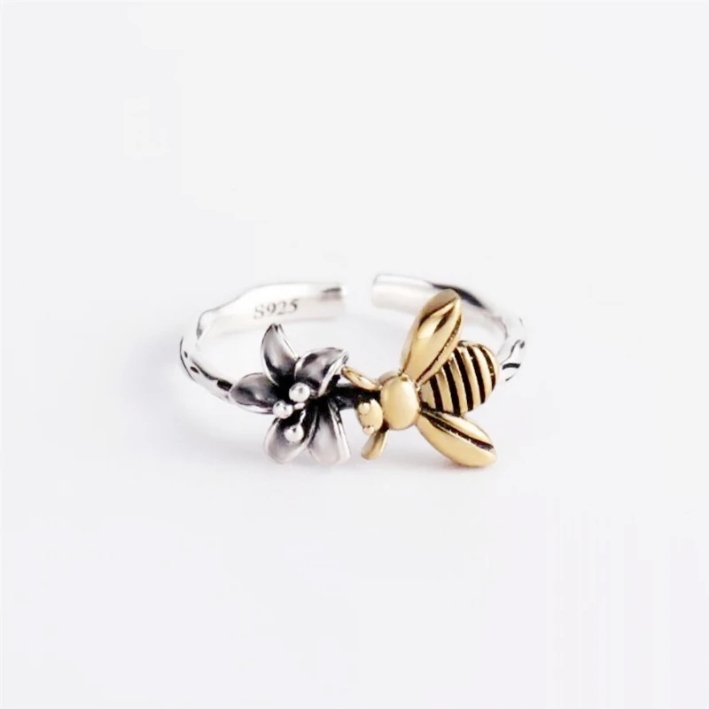 Golden Bee Thai Silver Flower 925 Sterling Silver Female Resizable Opening Rings RI1011